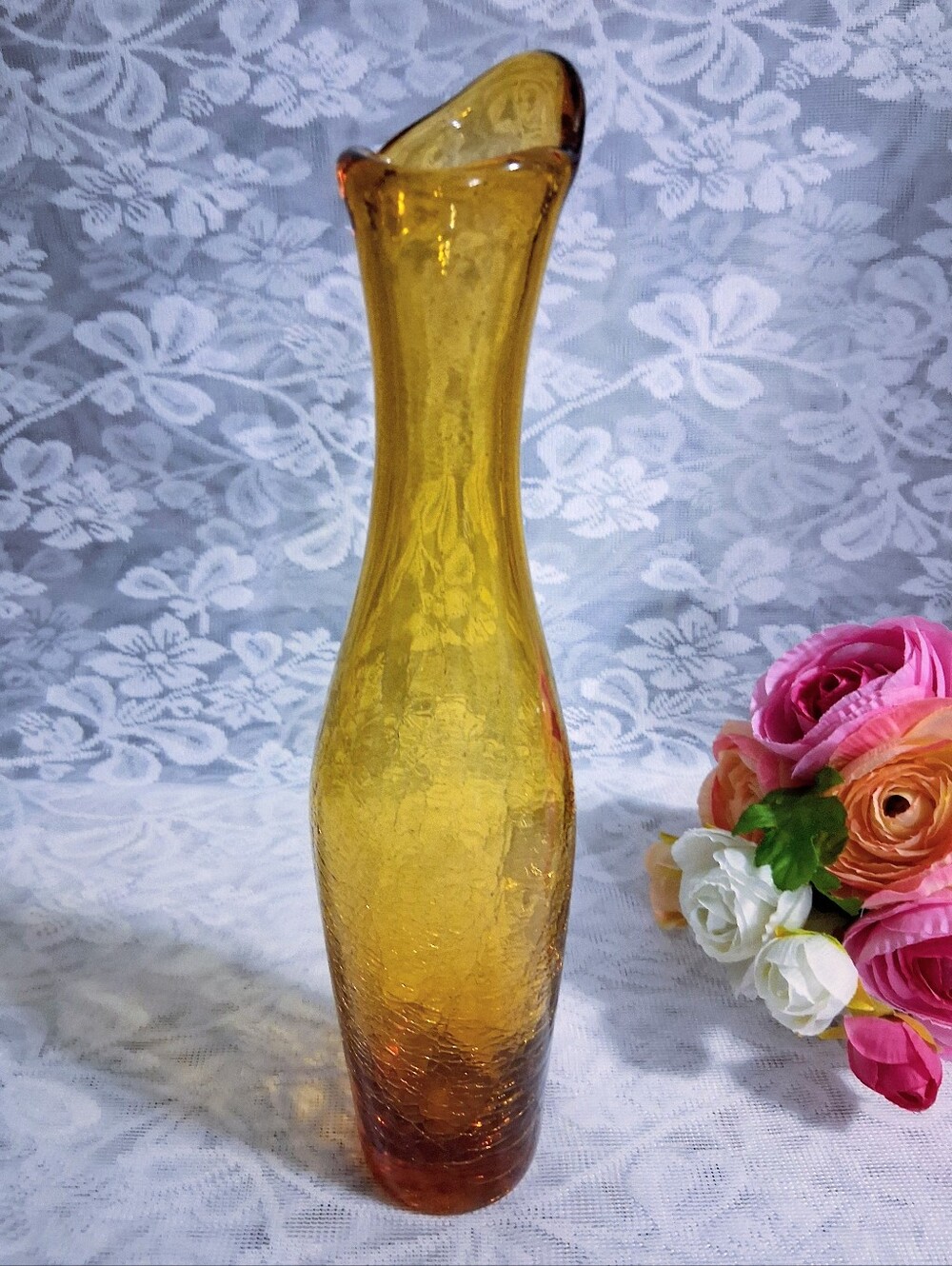 Vintage Blenko 64b Vase Amber Crackle Glass 10.5" MCM